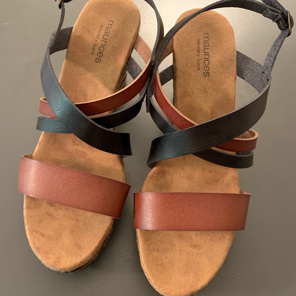 Tan + Black wedge sandals
